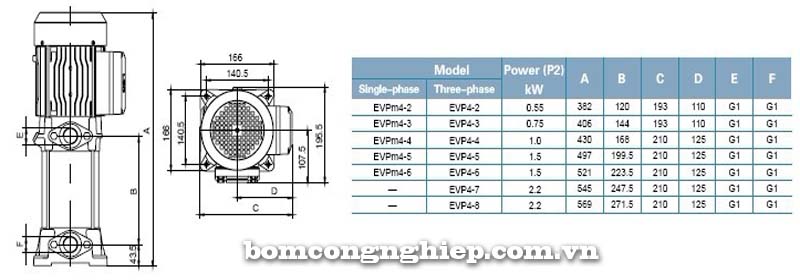 Máy bơm nước trục đứng LEO Evp4 bảng thông số kích thước