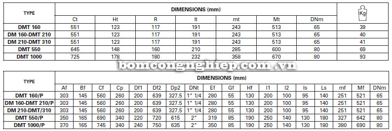 Máy bơm nước Pentax DM bảng thông số kích thước