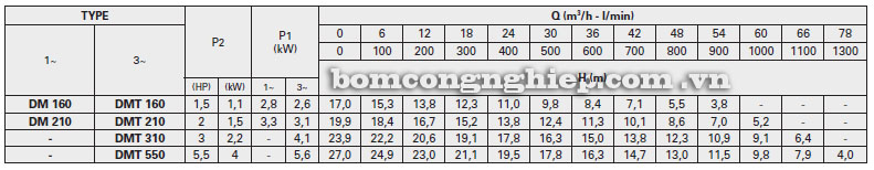 Máy bơm nước Pentax DM bảng thông số kỹ thuật