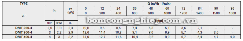 Máy bơm nước Pentax DMT bảng thông số kỹ thuật