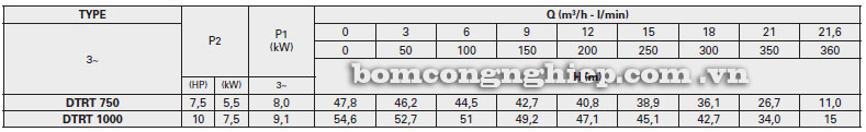 Máy bơm nước Pentax DTRT 400-1000-P bảng thông số kỹ thuật