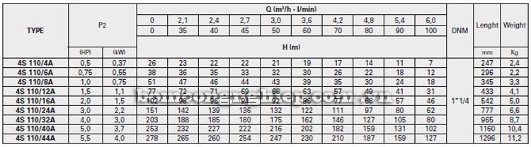 Máy bơm nước Pentax 4S-A110 bảng thông số kỹ thuật