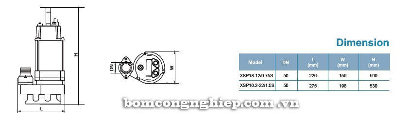 Máy bơm nước thải LEO XSP18-12 bảng thông số kích thước