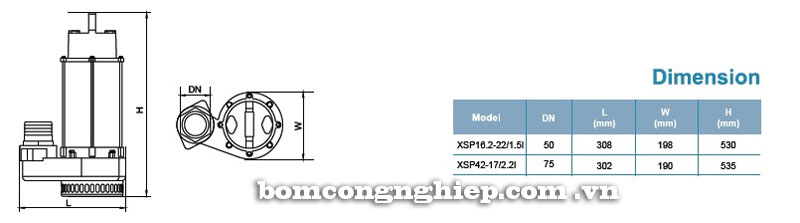 Máy bơm nước thải LEO XSP42-17 bảng thông số kích thước
