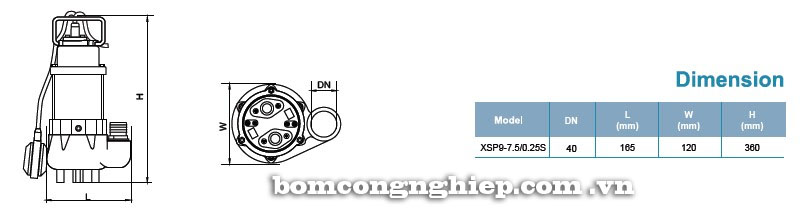 Máy bơm nước thải LEO XSP9 bảng thông số kích thước