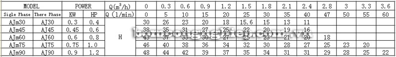 Máy bơm nước LEO AJm30 bảng thông số kỹ thuật