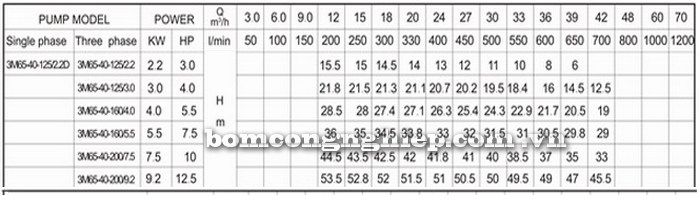 Máy bơm nước Lucky-Pro 3M 65-40 bảng thông số kỹ thuật