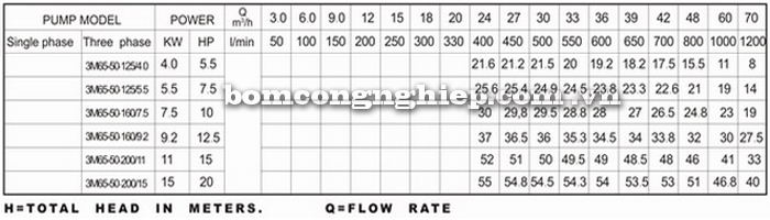 Máy bơm nước Lucky-Pro 3M 65-50 bảng thông số kỹ thuật