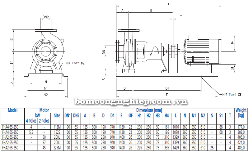 Máy bơm nước Ebara FHA 65-250 bảng thông số kích thước