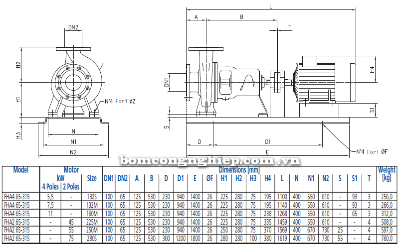 Máy bơm nước Ebara FHA 65-315 bảng thông số kích thước