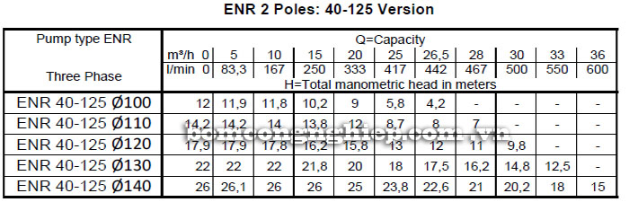 Máy bơm nước Ebara ENR 40-125 bảng thông số kỹ thuật