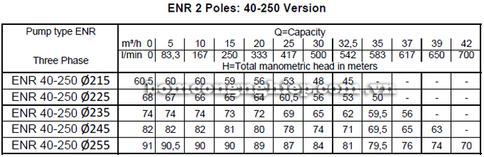 Máy bơm nước Ebara ENR 40-250 bảng thông số kỹ thuật