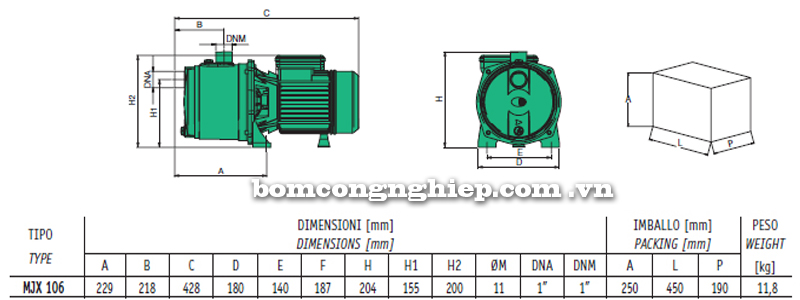 Máy bơm nước Sealand MJX 106 bảng thông số kích thước