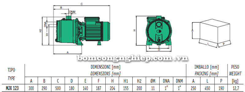 Máy bơm nước Sealand MJX 123 bảng thông số kích thước