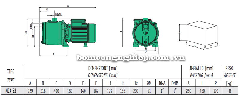 Máy bơm nước Sealand MJX 63 bảng thông số kích thước
