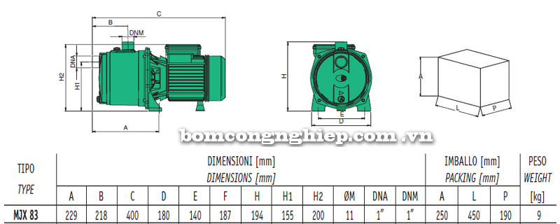 Máy bơm nước Sealand MJX 83 bảng thông số kích thước