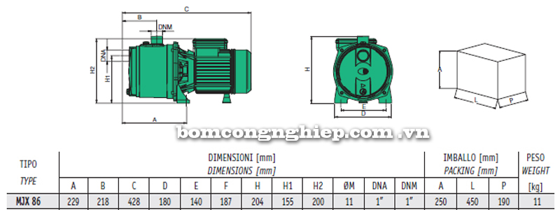Máy bơm nước Sealand MJX 86 bảng thông số kích thước