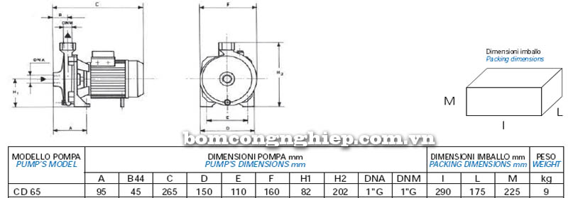 Máy bơm bán chân không Matra CD 65 bảng thông số kích thước