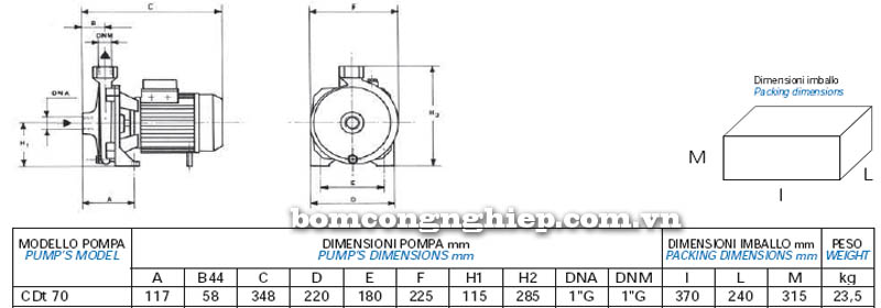 Máy bơm bán chân không Matra CDt 70 bảng thông số kích thước
