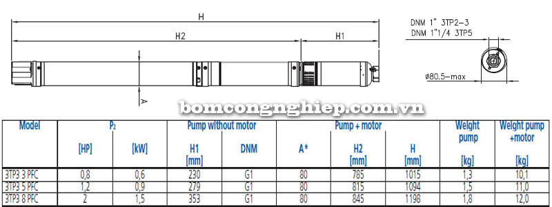 Máy bơm chìm giếng khoan Ebara 3TP 3 bảng thông số kích thước