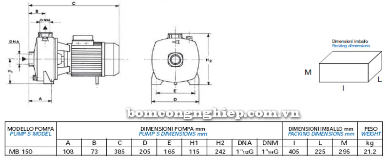 Máy bơm nước bán chân không Matra MB-150 bảng thông số kích thước