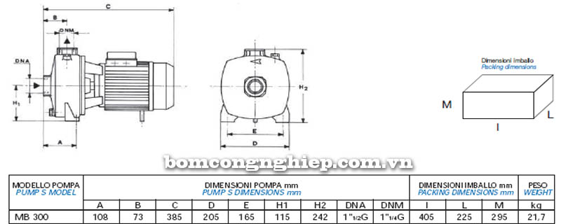 Máy bơm nước bán chân không Matra MB-300 bảng thông số kích thước