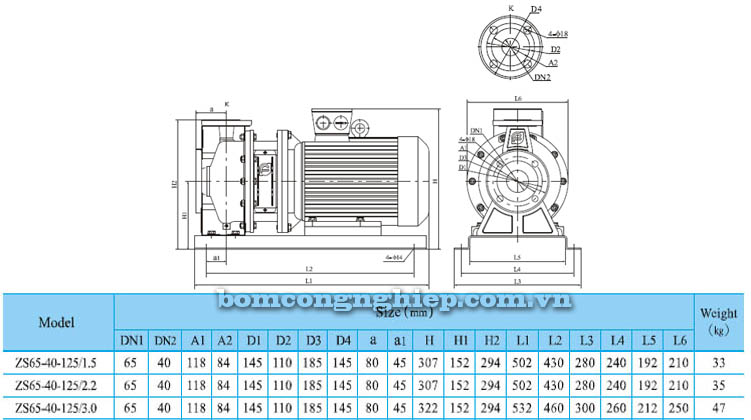Máy bơm nước CNP ZS65 40-125 bảng thông số kích thước
