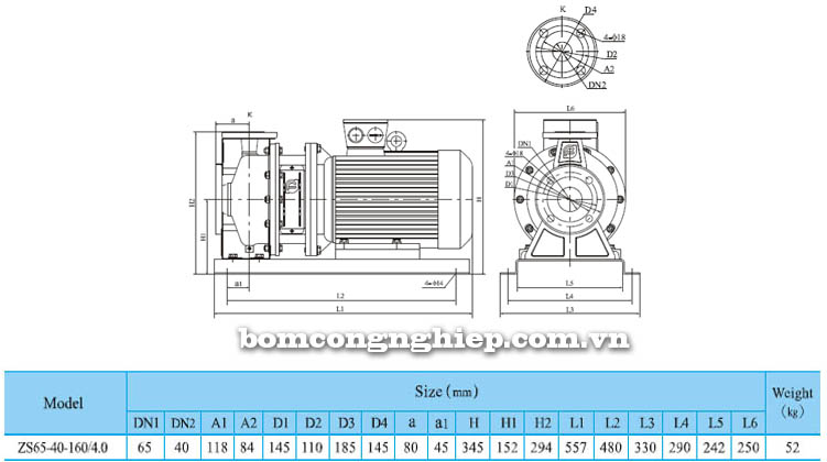 Máy bơm nước CNP ZS65 40-160 bảng thông số kích thước