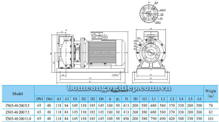 Máy bơm nước CNP ZS65 40-200 bảng thông số kích thước