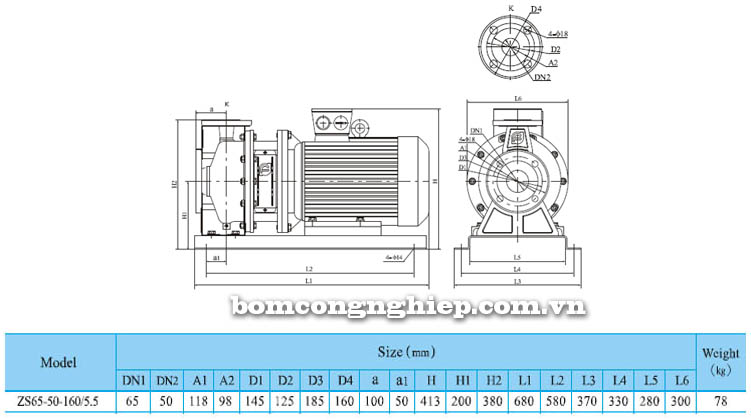 Máy bơm nước CNP ZS65 50-160 bảng thông số kích thước