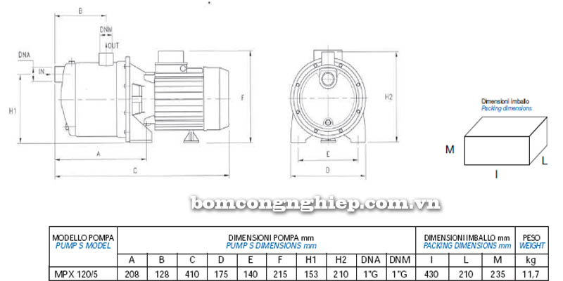 Máy bơm nước Matra INOX-200 bảng thông số kích thước