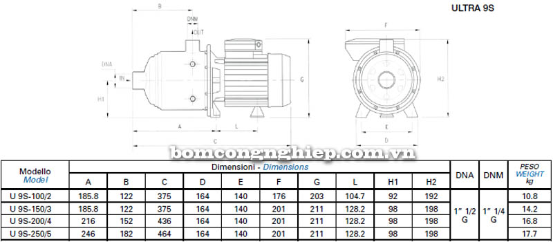 Máy bơm nước Matra ULTRA-9S bảng thông số kích thước