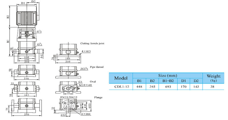 Máy bơm nước trục đứng CNP CDL 1-12 bảng thông số kích thước