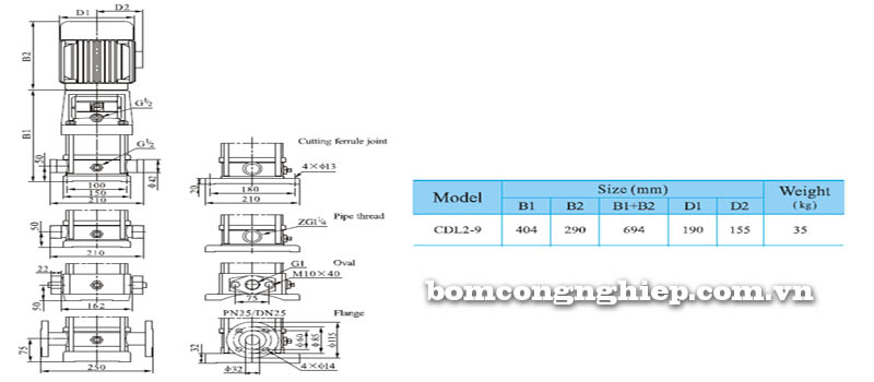 Máy bơm nước trục đứng CNP CDL2-9 bảng thông số kích thước