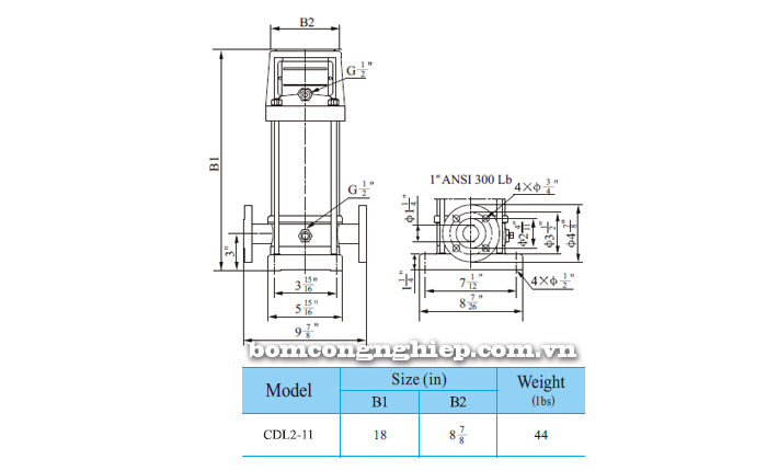 Máy bơm nước trục đứng CNP CDLF 2-11 bảng thông số kích thước