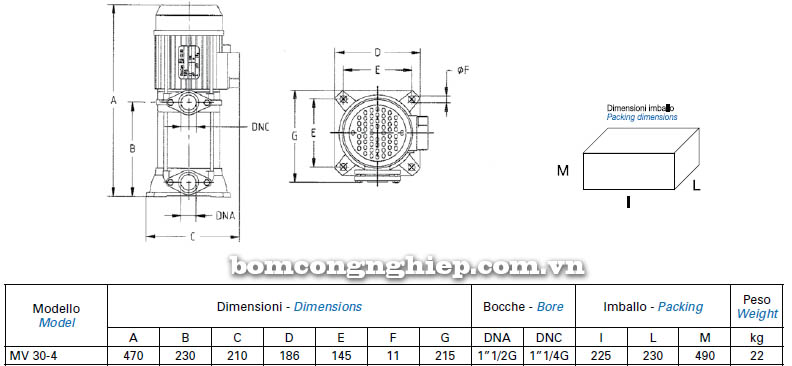 Máy bơm nước trục đứng Matra MV 30-4 bảng thông số kích thước