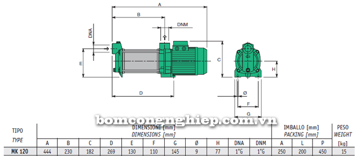 Máy bơm nước trục ngang Sealand MK 120 bảng thông số kích thước