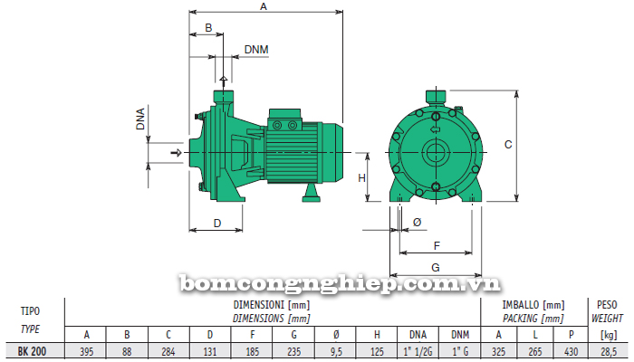 Máy bơm nước 2 tầng cánh sealand BK T200 bảng thông số kích thước