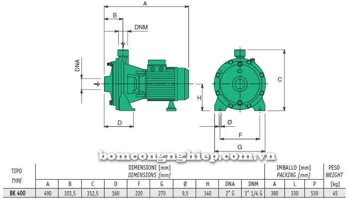 Máy bơm nước 2 tầng cánh sealand BK T400 bảng thông số kích thước