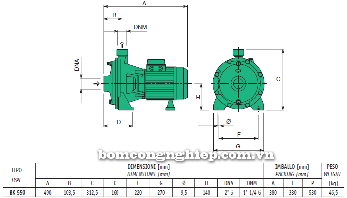 Máy bơm nước 2 tầng cánh Sealand BK T550 bảng thông số kích thước