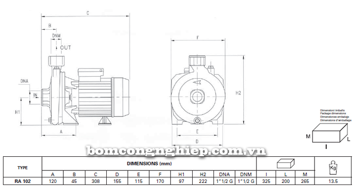 Máy bơm nước Foras RA-102 bảng thông số kích thước