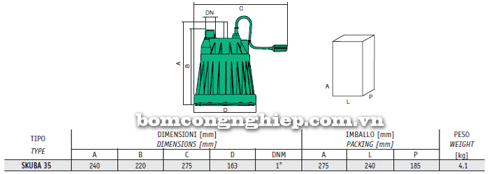 Máy bơm nước thả tõm Sealand SKUBA 35 bảng thông số kích thước