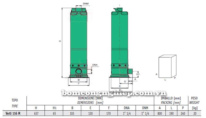 Máy bơm nước thả tõm Sealand Verti 156M bảng thông số kích thước