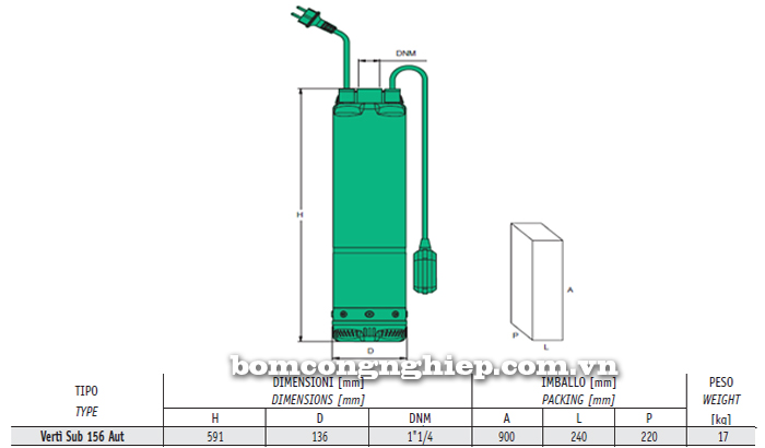 Máy bơm nước thả tõm Sealand Verti SUB 156M bảng thông số kích thước