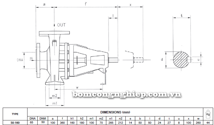 Máy bơm nước trục rời Foras 4MA 50-160 bảng thông số kích thước