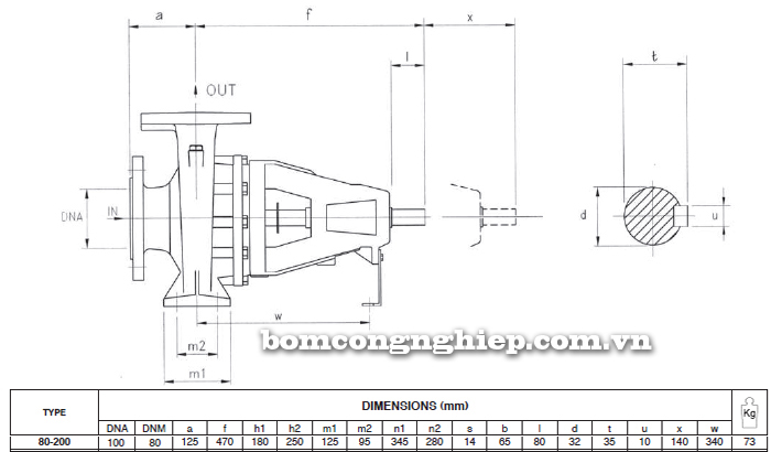 Máy bơm trục rời Foras 4MA 80-200 bảng thông số kích thước