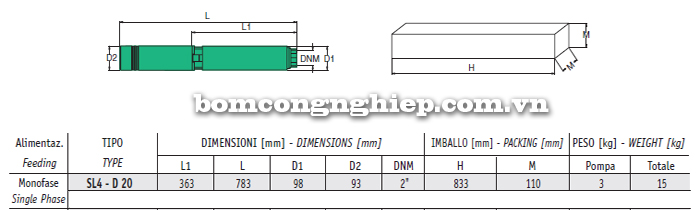 Máy bơm chìm giếng khoan Sealand SL4 D20M bảng thông số kích thước