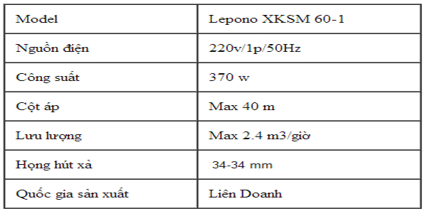 Máy bơm nước chân không LEO XKSm 60-1 bảng thông số kỹ thuật