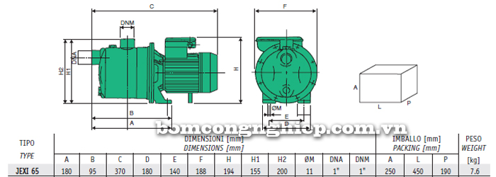Máy bơm nước đầu Inox Sealand JEXI 60 bảng thông số kích thước