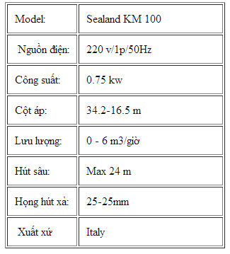 Máy bơm nước Sealand KM-100 bảng thông số kỹ thuật